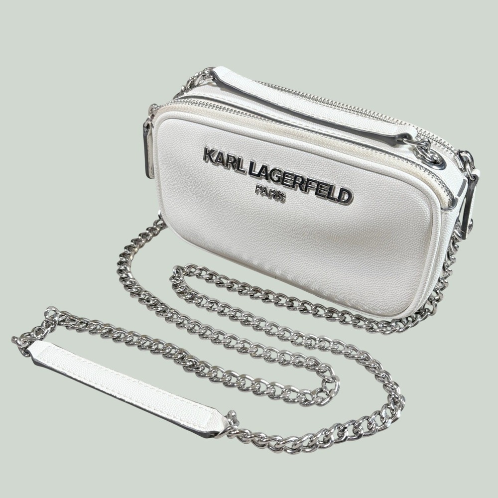 Karl Lagerfeld Womens Faux Leather Camera Bag Crossbody Chic Small White Bride